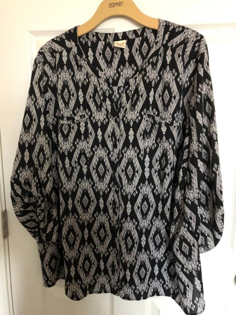 Faded Glory Geometric Print 3/4 Sleeve Tunic Top Size 4X Womens Black White Plus